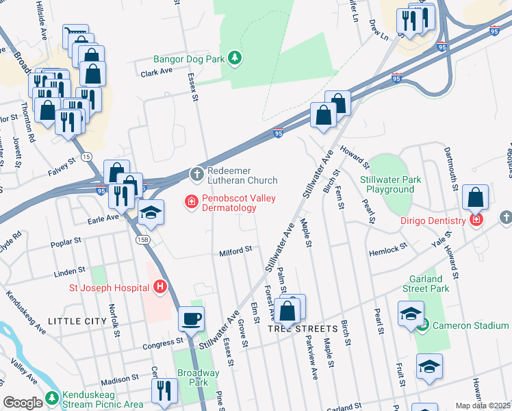 map of restaurants, bars, coffee shops, grocery stores, and more near 397 Forest Avenue in Bangor