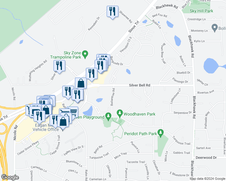 map of restaurants, bars, coffee shops, grocery stores, and more near 3801 Ballantrae Road in Saint Paul