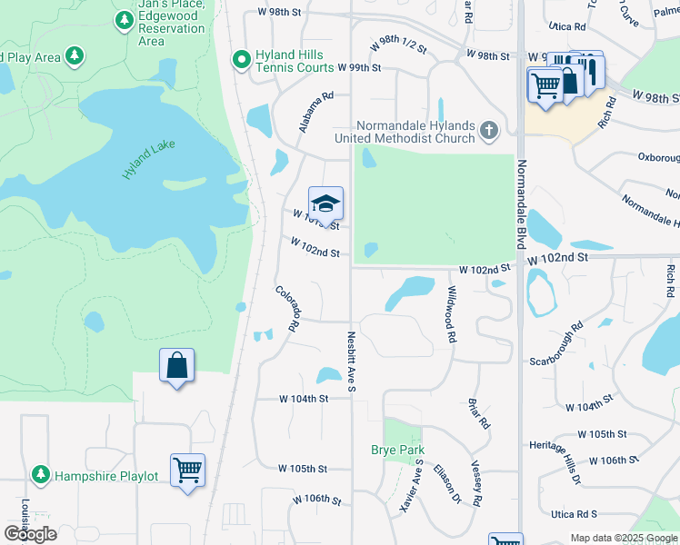 map of restaurants, bars, coffee shops, grocery stores, and more near 10200 Nesbitt Avenue South in Minneapolis