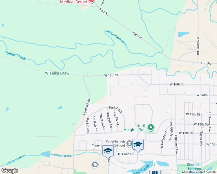 map of restaurants, bars, coffee shops, grocery stores, and more near 1990 Ash Avenue in Sheridan