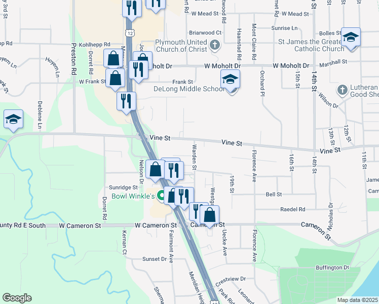 map of restaurants, bars, coffee shops, grocery stores, and more near 2208 Fenner Street in Eau Claire
