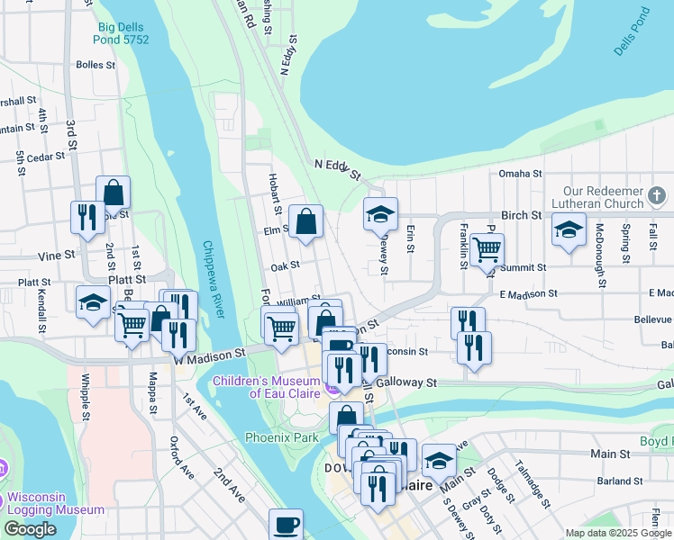 map of restaurants, bars, coffee shops, grocery stores, and more near 527 North Farwell Street in Eau Claire