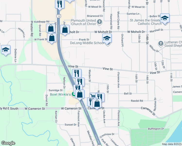 map of restaurants, bars, coffee shops, grocery stores, and more near 2208 Fenner Street in Eau Claire