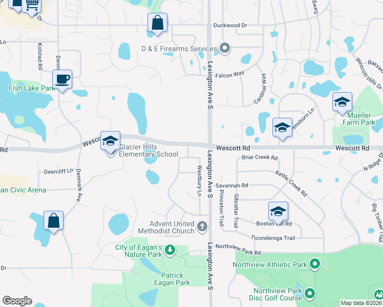 map of restaurants, bars, coffee shops, grocery stores, and more near 3800 Westbury Lane in Eagan