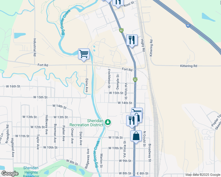 map of restaurants, bars, coffee shops, grocery stores, and more near 1915 Frackleton Street in Sheridan