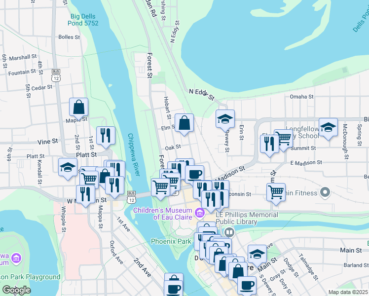 map of restaurants, bars, coffee shops, grocery stores, and more near 524 North Barstow Street in Eau Claire