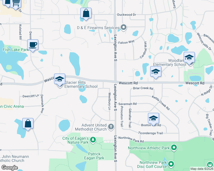 map of restaurants, bars, coffee shops, grocery stores, and more near 3800 Westbury Lane in Eagan