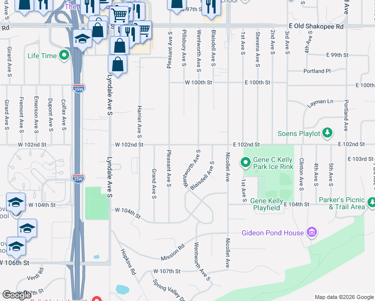 map of restaurants, bars, coffee shops, grocery stores, and more near 10222 Wentworth Circle in Minneapolis