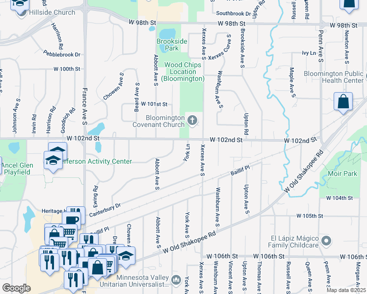 map of restaurants, bars, coffee shops, grocery stores, and more near 10212 York Lane in Bloomington