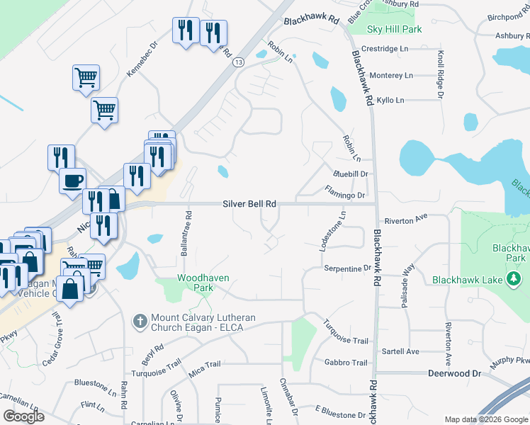 map of restaurants, bars, coffee shops, grocery stores, and more near 3813 Heather Drive in Eagan