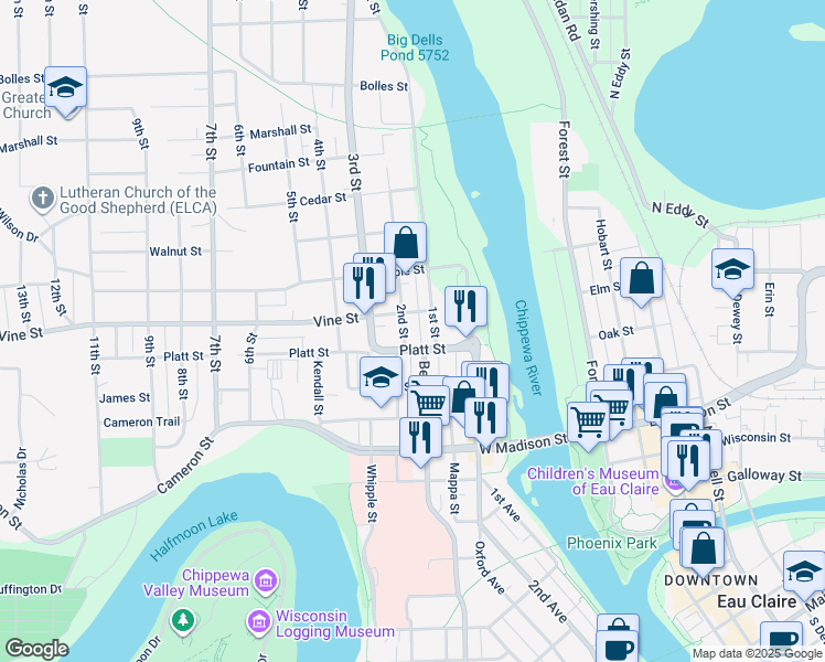 map of restaurants, bars, coffee shops, grocery stores, and more near 144 Platt Street in Eau Claire