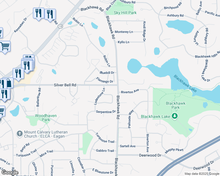 map of restaurants, bars, coffee shops, grocery stores, and more near 3814 Country Creek Way in Eagan