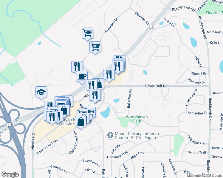 map of restaurants, bars, coffee shops, grocery stores, and more near 3810 Alder Lane in Eagan