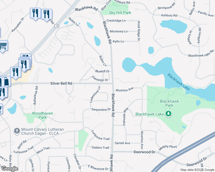 map of restaurants, bars, coffee shops, grocery stores, and more near 3814 Country Creek Way in Eagan
