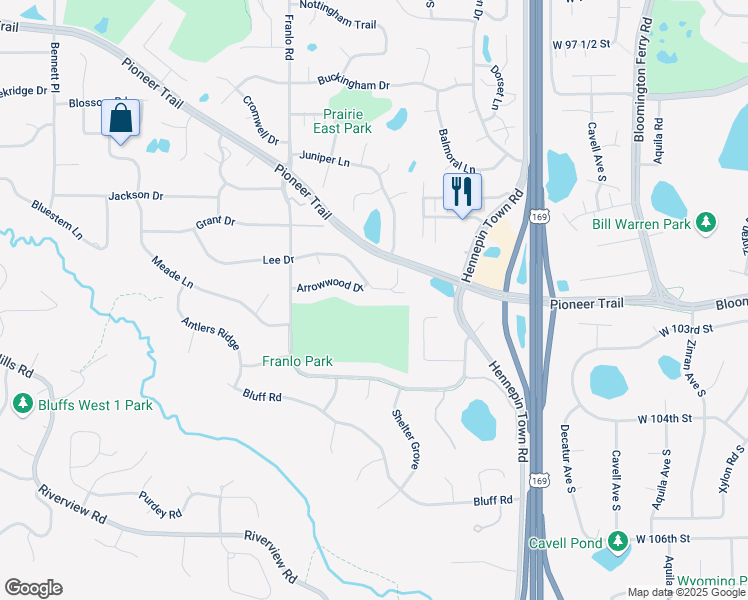 map of restaurants, bars, coffee shops, grocery stores, and more near 10071 Lee Drive in Eden Prairie