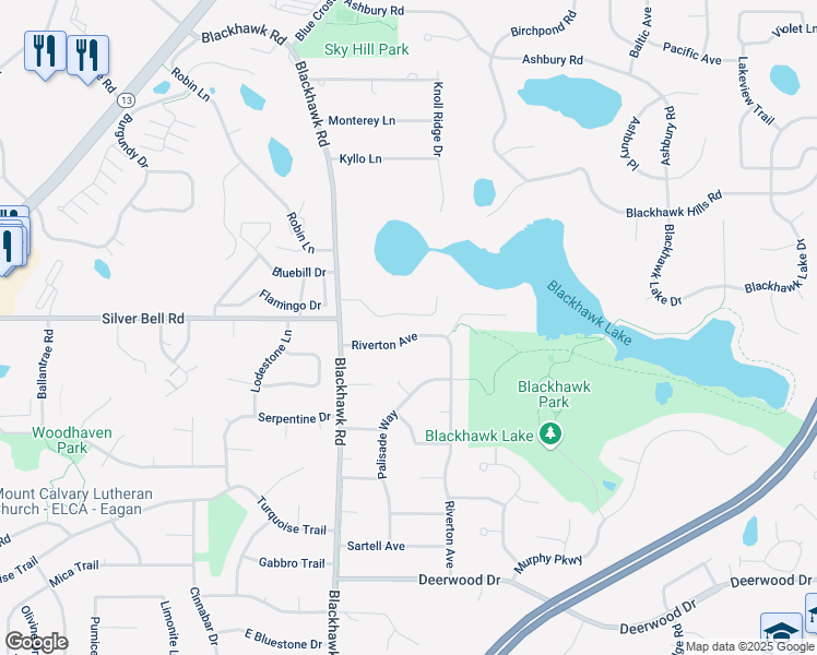 map of restaurants, bars, coffee shops, grocery stores, and more near 3825 Riverton Avenue in Eagan
