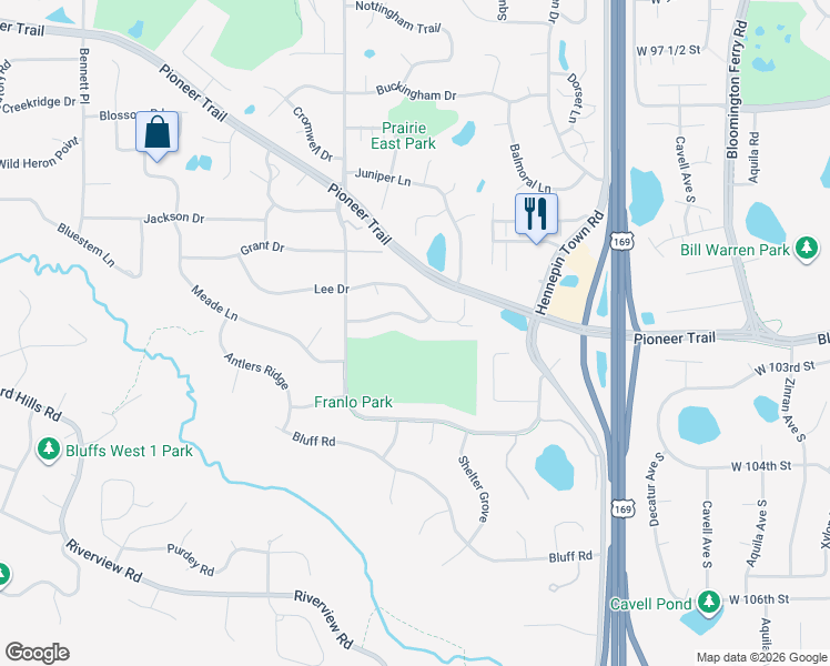 map of restaurants, bars, coffee shops, grocery stores, and more near 10233 Arrowwood Drive in Eden Prairie