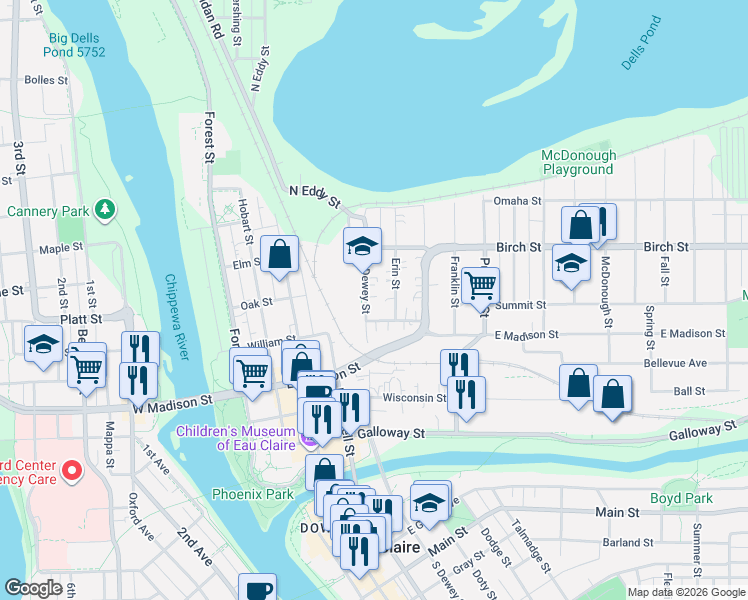 map of restaurants, bars, coffee shops, grocery stores, and more near 614 Division Street in Eau Claire