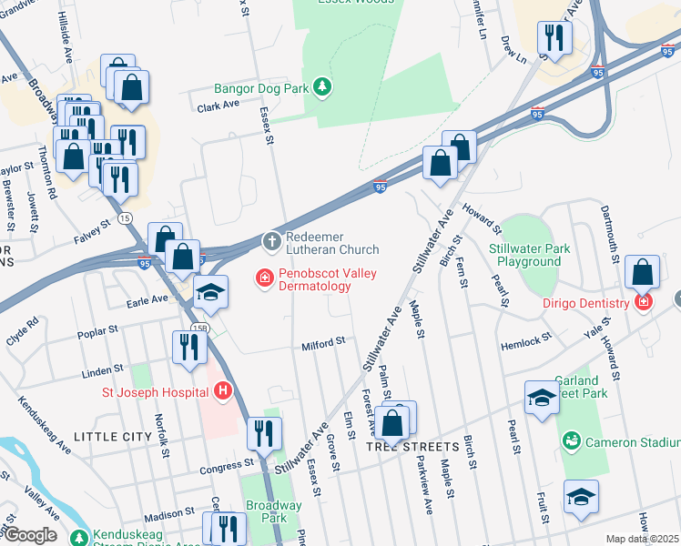 map of restaurants, bars, coffee shops, grocery stores, and more near 397 Forest Avenue in Bangor