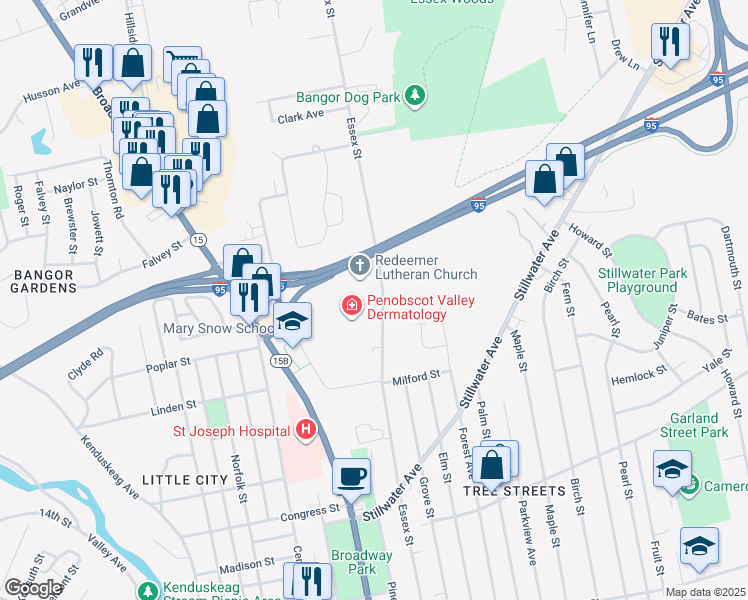 map of restaurants, bars, coffee shops, grocery stores, and more near 500 Essex Street in Bangor