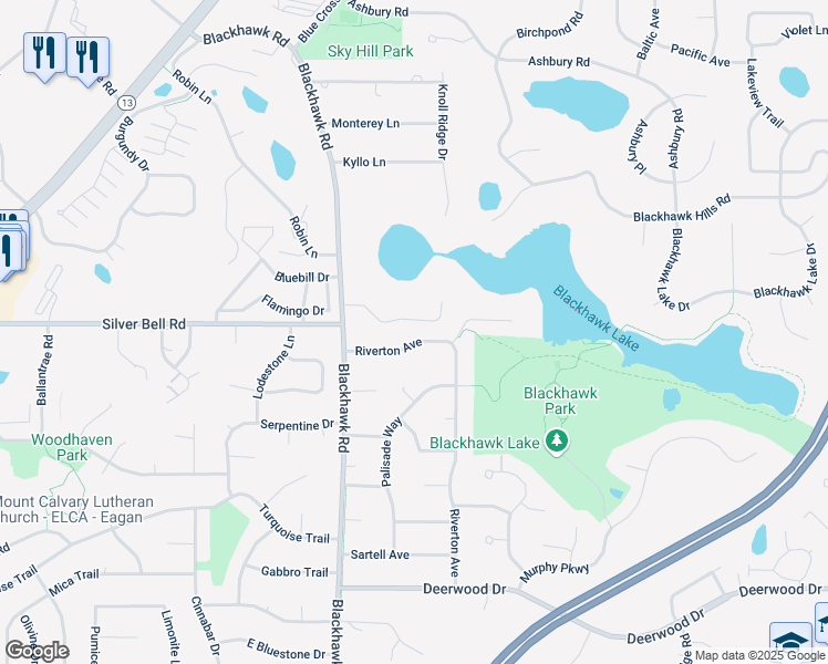 map of restaurants, bars, coffee shops, grocery stores, and more near 3825 Riverton Avenue in Eagan