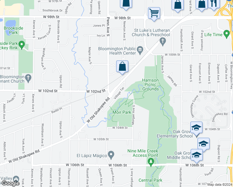 map of restaurants, bars, coffee shops, grocery stores, and more near 2225 Village Terrace in Minneapolis