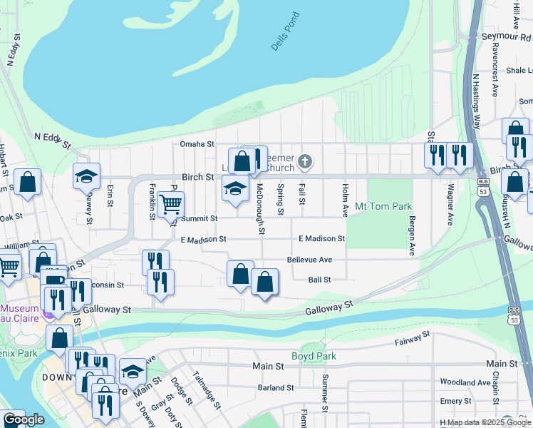 map of restaurants, bars, coffee shops, grocery stores, and more near 1417 Summit Street in Eau Claire