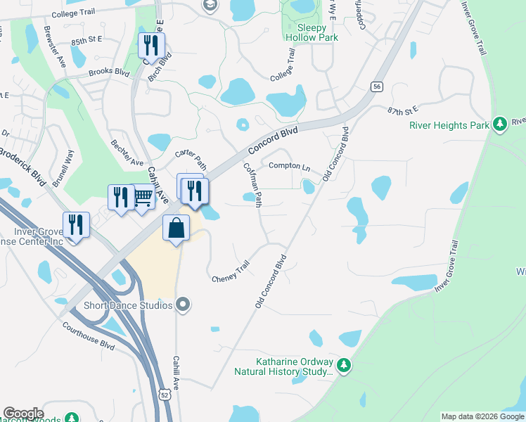 map of restaurants, bars, coffee shops, grocery stores, and more near 8991 Colby Court in Inver Grove Heights