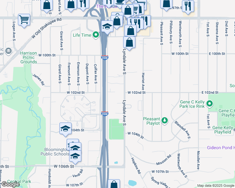 map of restaurants, bars, coffee shops, grocery stores, and more near 10160 Lyndale Avenue South in Bloomington