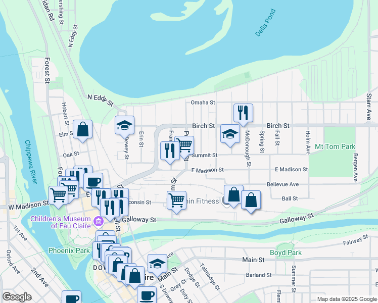 map of restaurants, bars, coffee shops, grocery stores, and more near 503 Putnam Street in Eau Claire