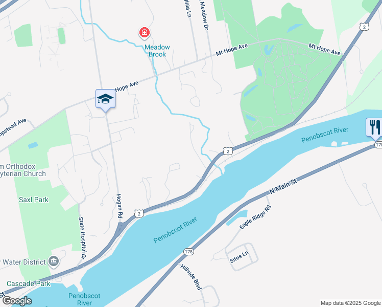 map of restaurants, bars, coffee shops, grocery stores, and more near 36 Meadowbrook Road in Bangor