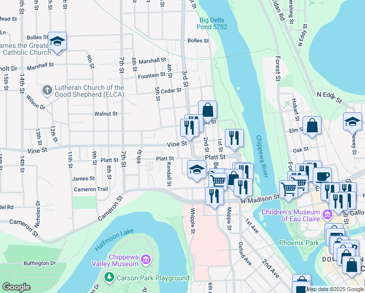 map of restaurants, bars, coffee shops, grocery stores, and more near 317 Vine Street in Eau Claire