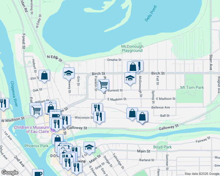 map of restaurants, bars, coffee shops, grocery stores, and more near 419 Putnam Street in Eau Claire
