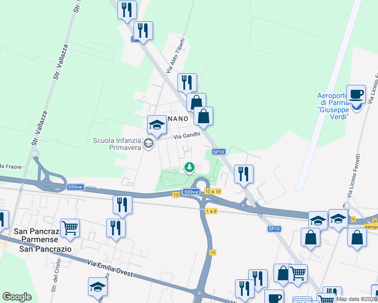 map of restaurants, bars, coffee shops, grocery stores, and more near 2 Via Alpini D'Italia in Parma