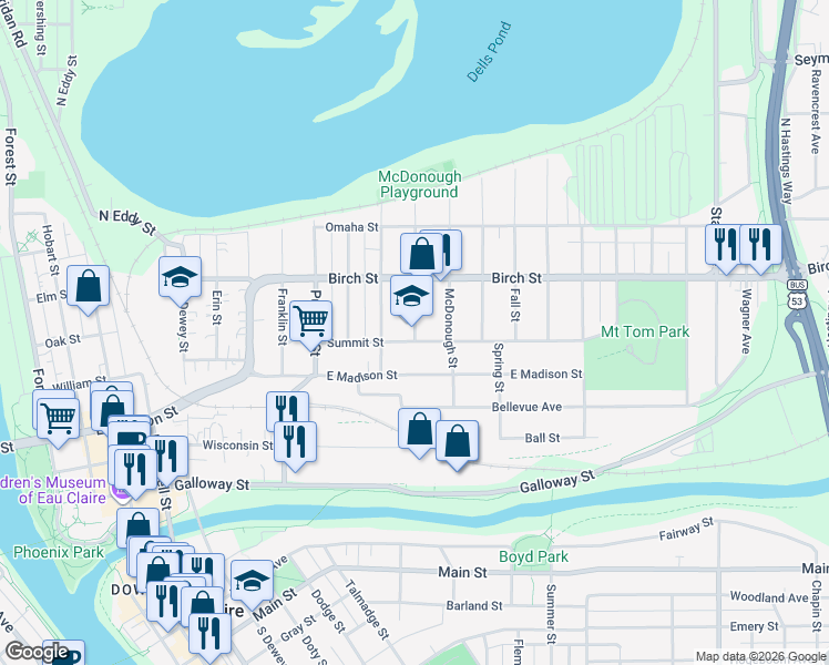 map of restaurants, bars, coffee shops, grocery stores, and more near 1215 Summit Street in Eau Claire