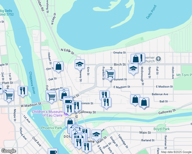 map of restaurants, bars, coffee shops, grocery stores, and more near 718 Division Street in Eau Claire