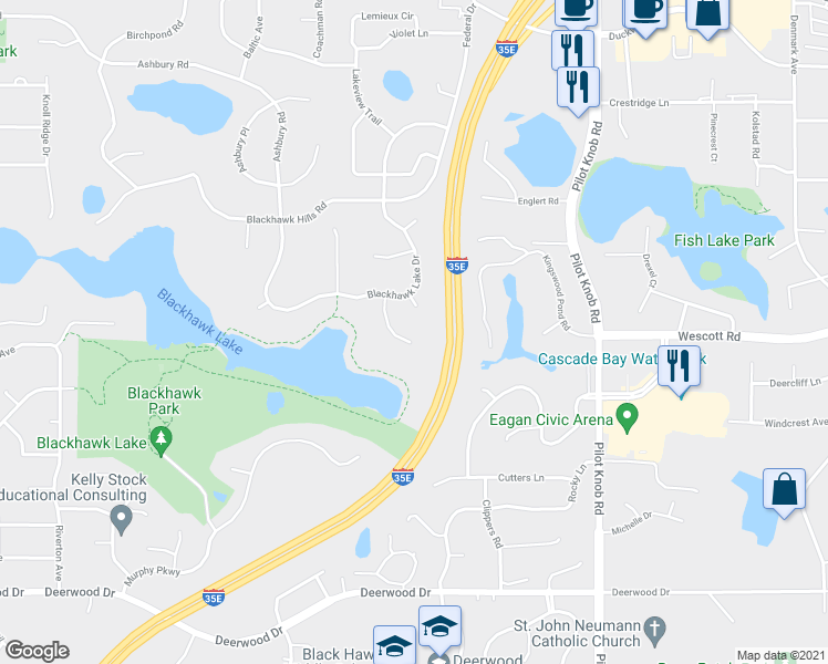 map of restaurants, bars, coffee shops, grocery stores, and more near 3815 Blackhawk Ridge Place in Eagan