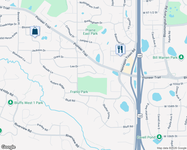 map of restaurants, bars, coffee shops, grocery stores, and more near 10233 Arrowwood Drive in Eden Prairie