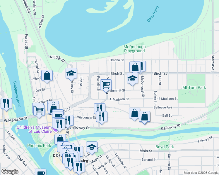 map of restaurants, bars, coffee shops, grocery stores, and more near 419 Putnam Street in Eau Claire