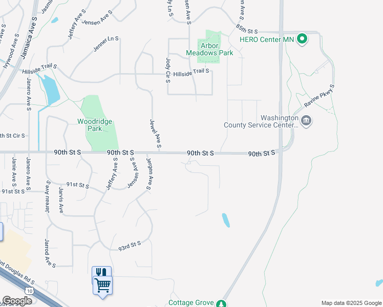 map of restaurants, bars, coffee shops, grocery stores, and more near 9820 90th Street South in Cottage Grove