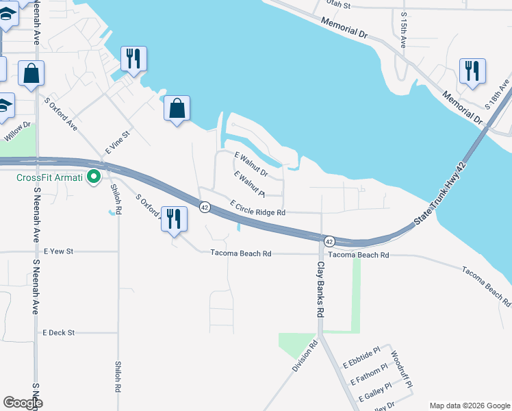 map of restaurants, bars, coffee shops, grocery stores, and more near 580 East Circle Ridge Place in Sturgeon Bay