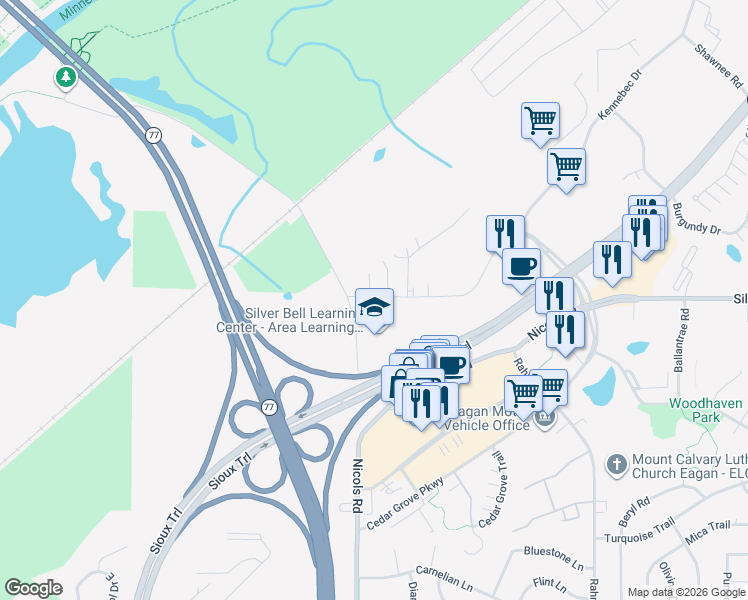 map of restaurants, bars, coffee shops, grocery stores, and more near 3788-3798 Nicols Road in Eagan
