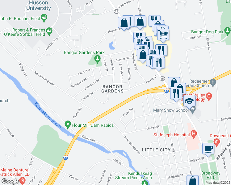 map of restaurants, bars, coffee shops, grocery stores, and more near 136 Falvey Street in Bangor