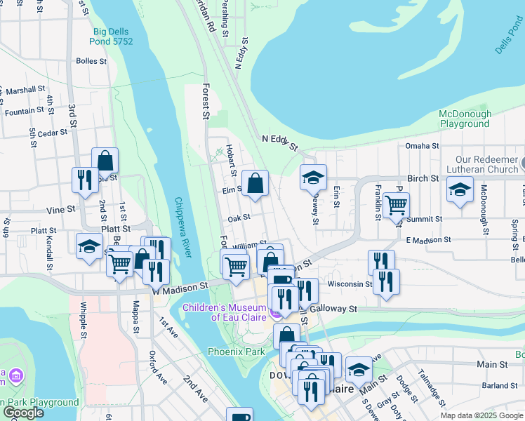 map of restaurants, bars, coffee shops, grocery stores, and more near 605 North Barstow Street in Eau Claire