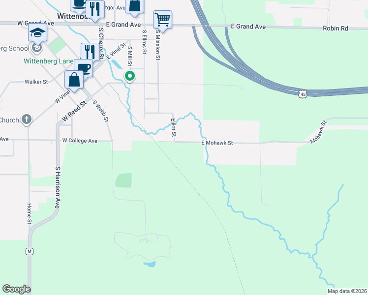 map of restaurants, bars, coffee shops, grocery stores, and more near W18033 East Mohawk Street in Wittenberg