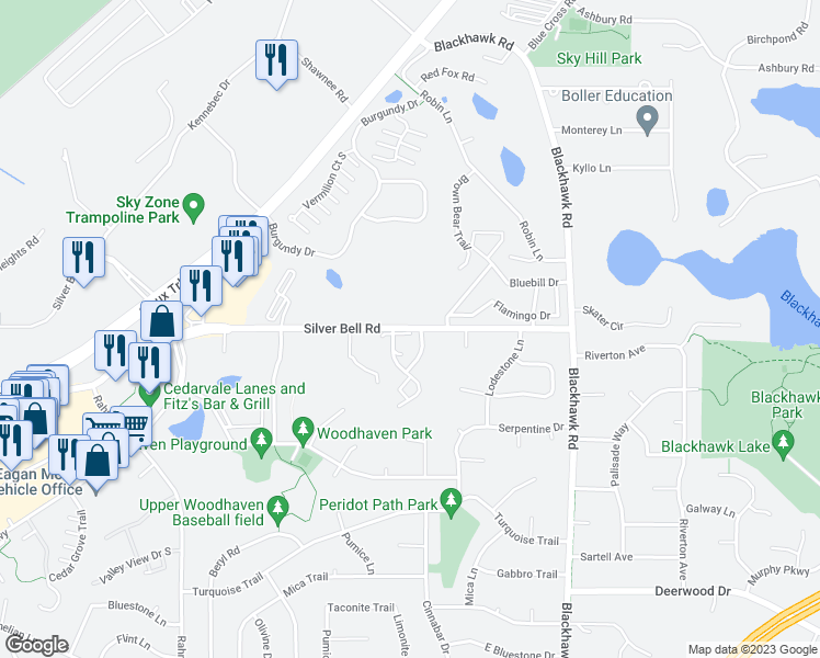 map of restaurants, bars, coffee shops, grocery stores, and more near 1871 Silver Bell Road in Eagan