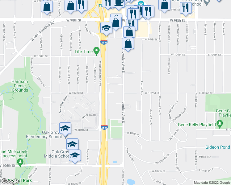 map of restaurants, bars, coffee shops, grocery stores, and more near 10224 Lyndale Avenue South in Minneapolis