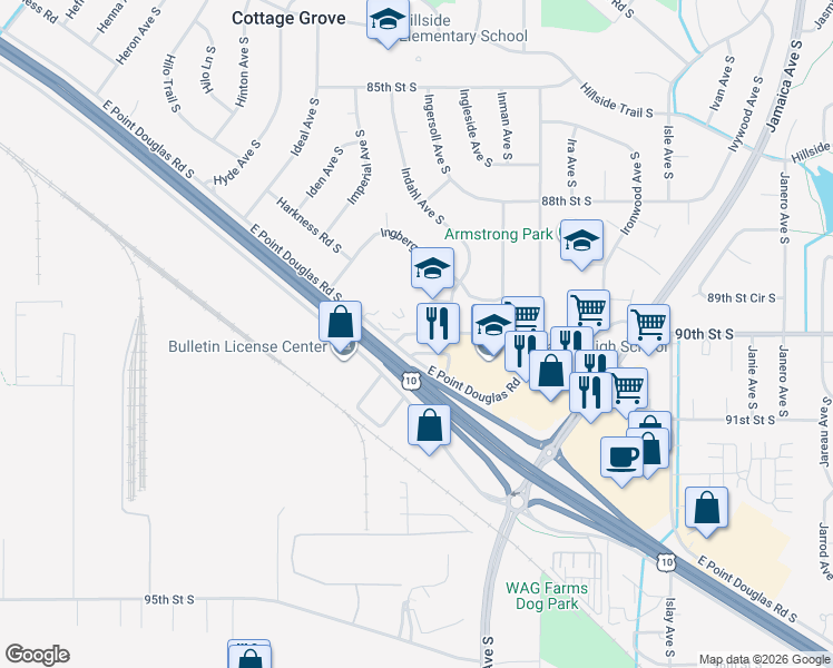 map of restaurants, bars, coffee shops, grocery stores, and more near 90th Street South in Cottage Grove