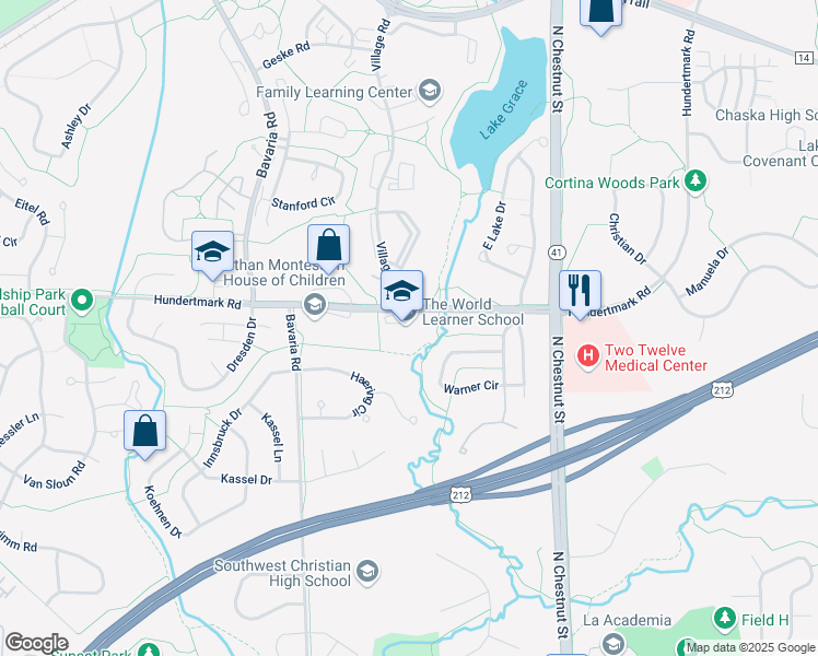 map of restaurants, bars, coffee shops, grocery stores, and more near 112050 Hundertmark Road in Chaska