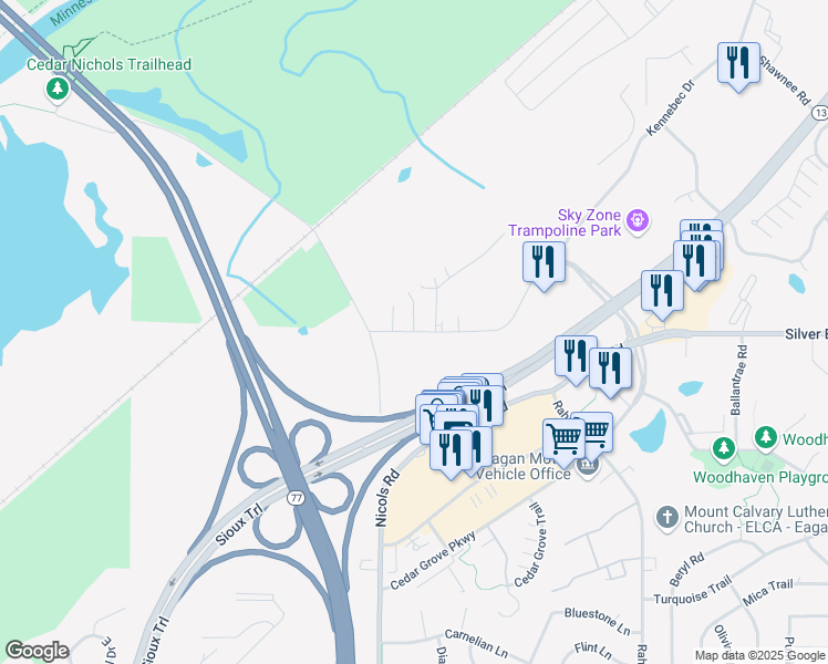 map of restaurants, bars, coffee shops, grocery stores, and more near 2101 Wuthering Heights in Eagan